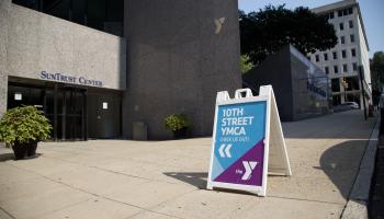 10th Street Entrance Sandwich board sign of 10th Street YMCA entrance